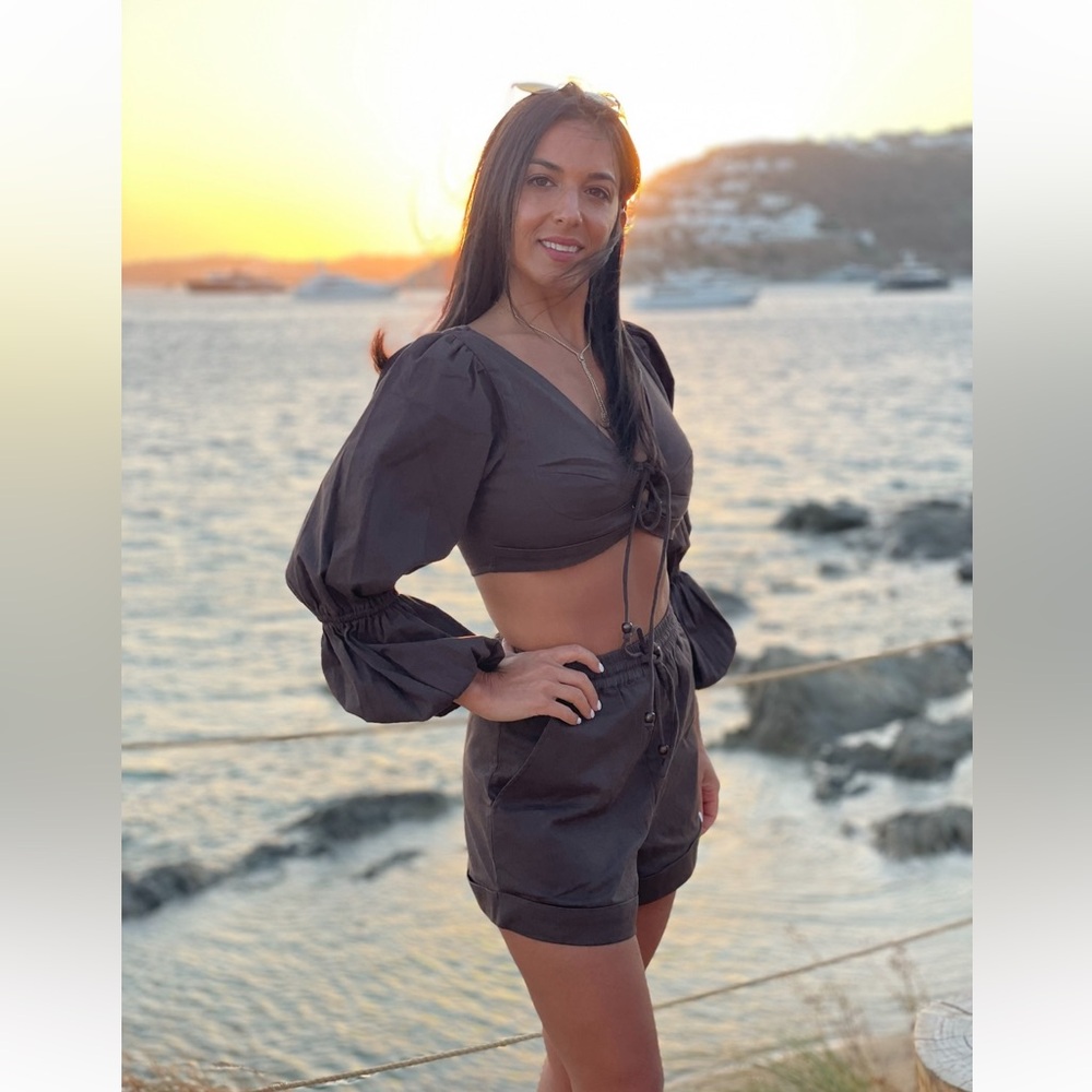 Brown Long Sleeve Crop Top and Shorts Set
